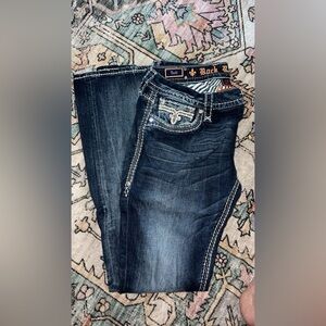 Rock Revival Blue Boot Cut Jeans with Decorative Stitching